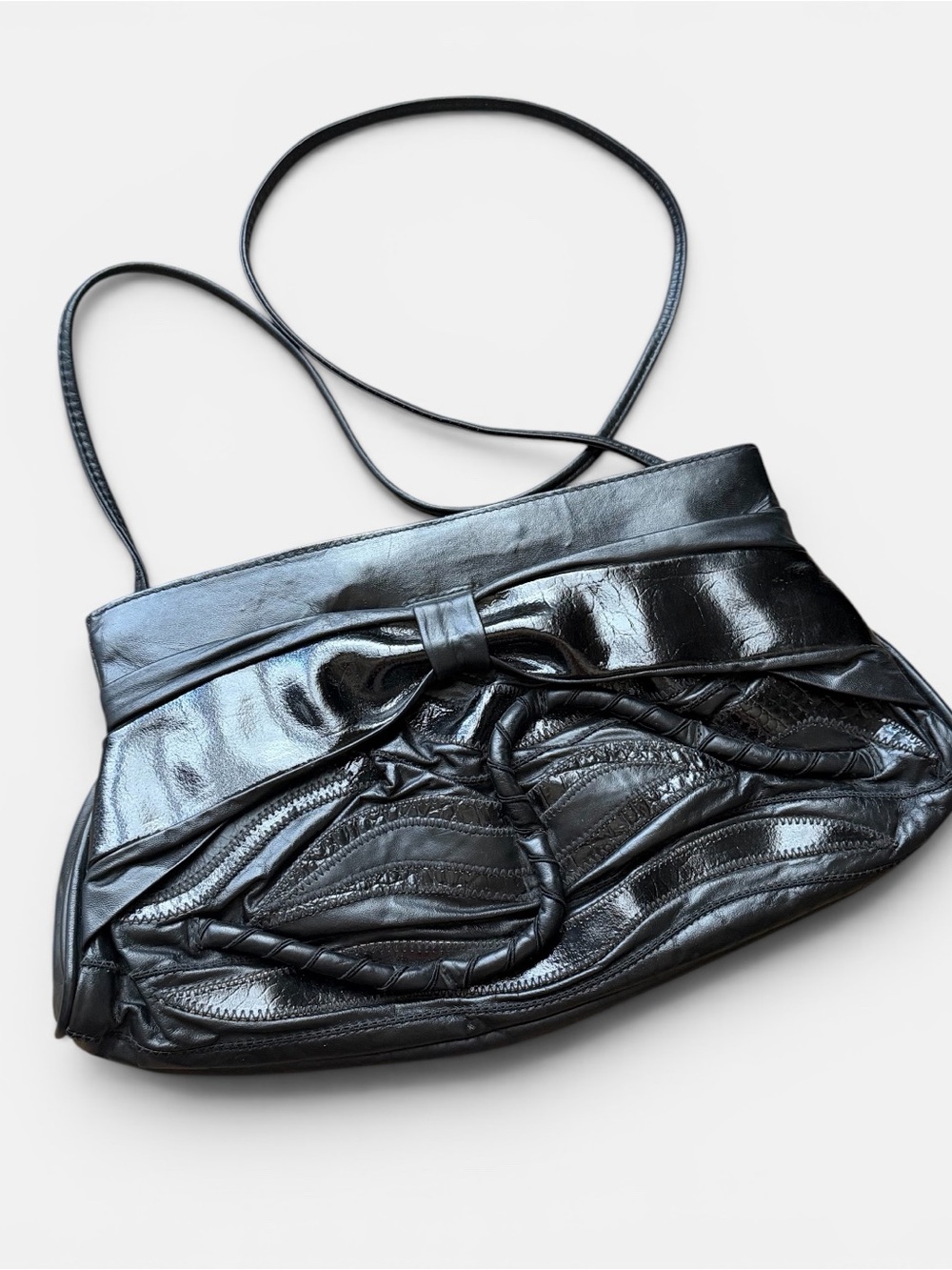 Vintage  80s Black Leather large Decorative PMB clutch shoulder bag